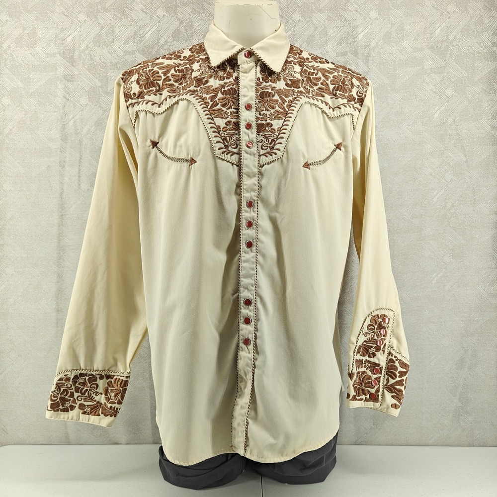 Scully Western Shirt Men XL Cream Floral Embroidery Pearl Snap Cowboy Rockabilly